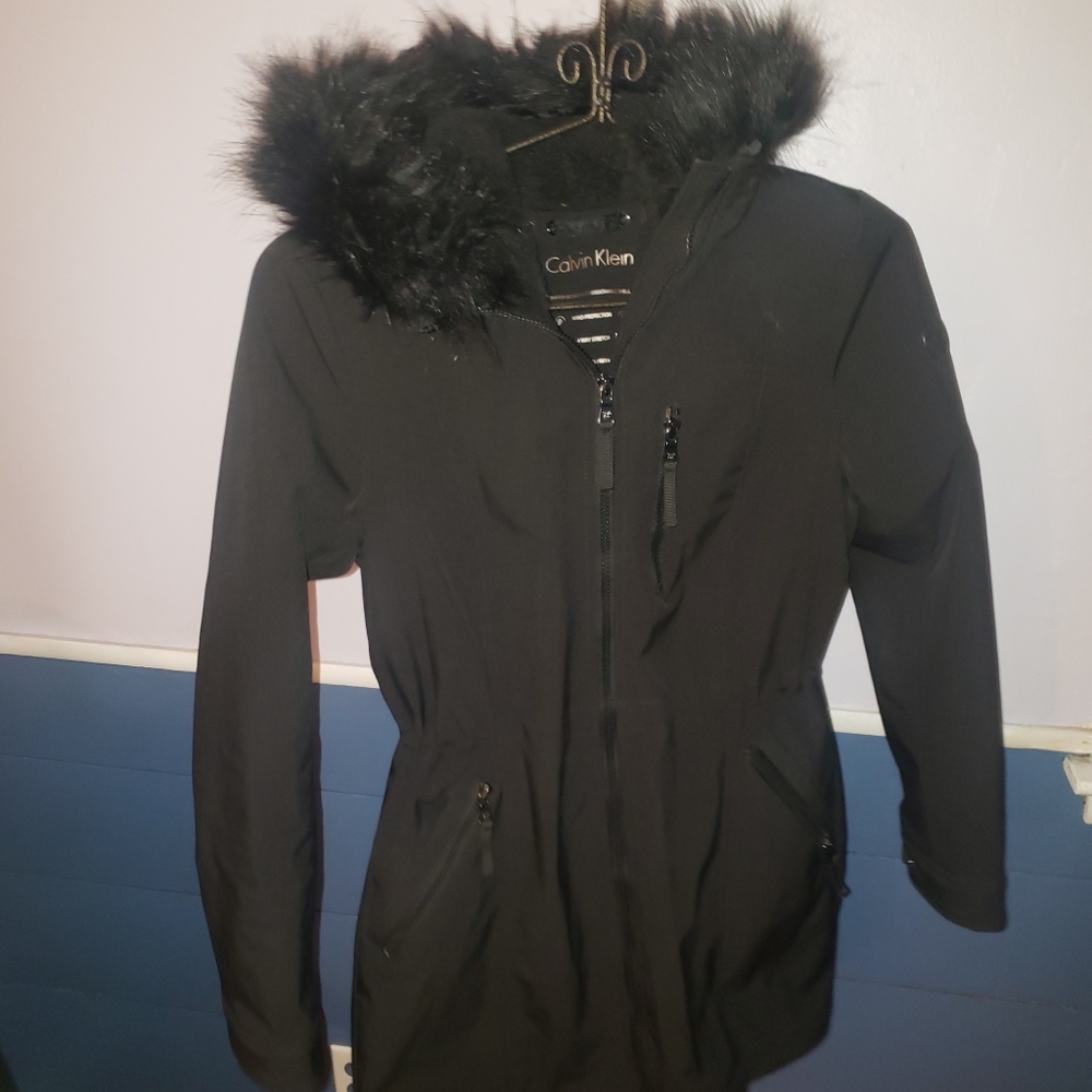 Calvin Klein coat, removable hood & faux fur trim